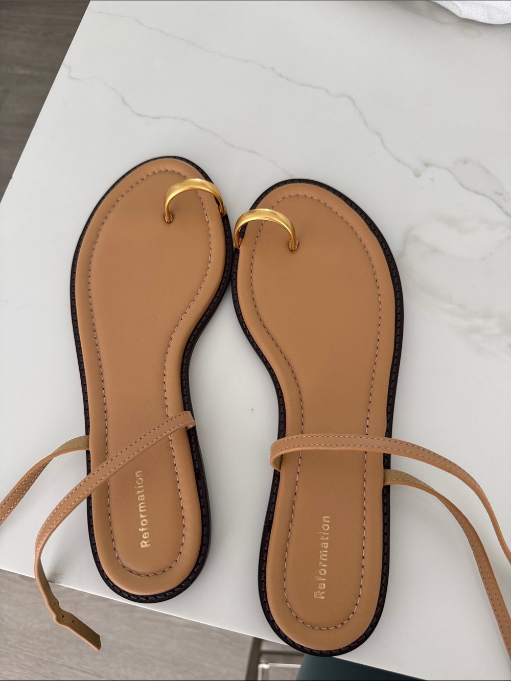 Reformation Tan Leather Toe-Ring Sandals with Gold Accent
